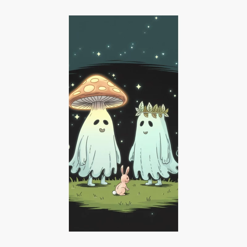 Whimsical Forest Spirits: Mushroom Ghost and Leaf Crown Ghost with Bunny iPhone Case