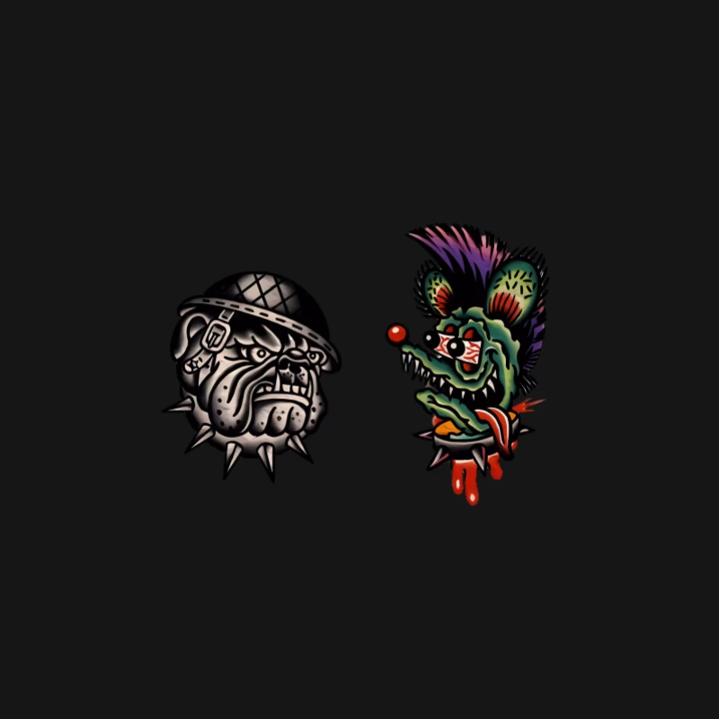 Retro Tattoo Designs mit Bulldogge und Ratte Herren Langarm T-Shirt