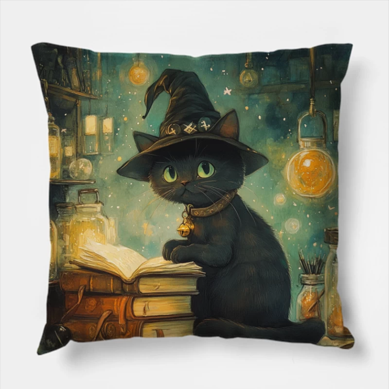 Magical Black Cat Studying Spellbooks in Enchanted Room Throw Pillow