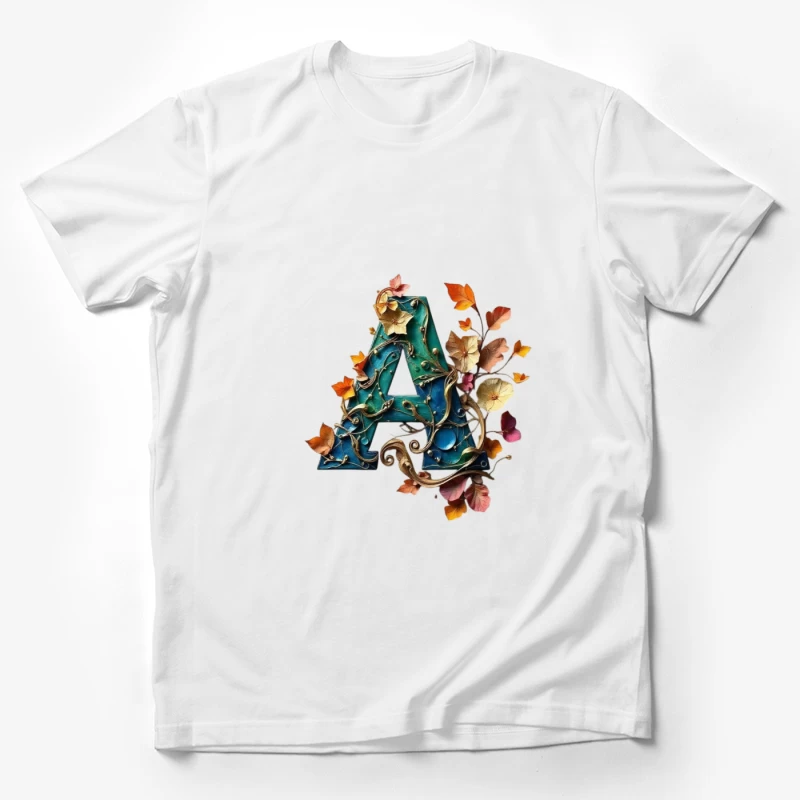 Ornate Teal Letter A with Autumn Floral Embellishments Male T-Shirt