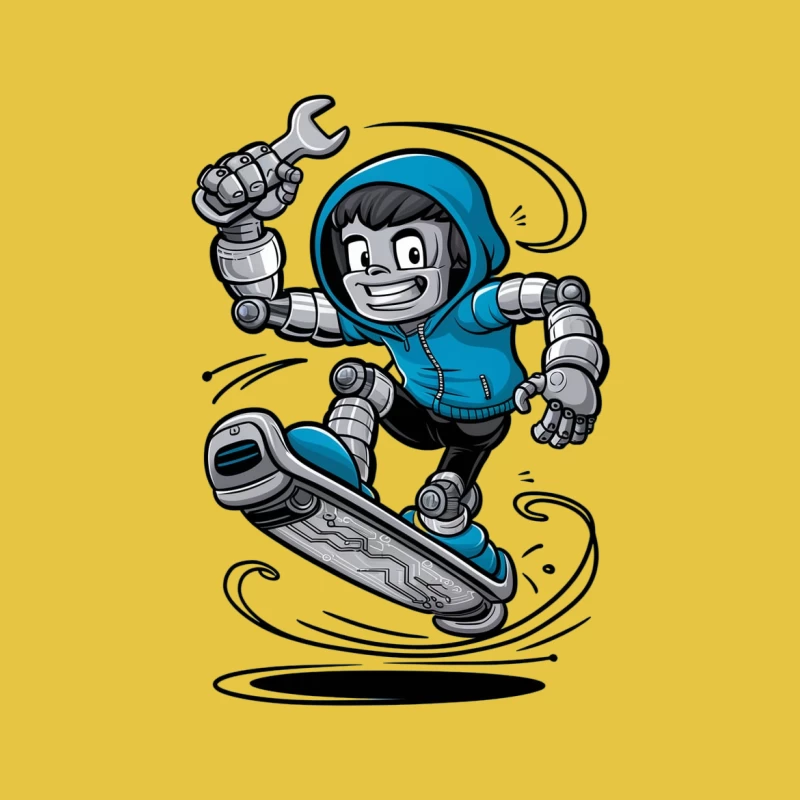 cartoon robot skateboard wrench cyborg blue hoodie action futuristic Female T-Shirt