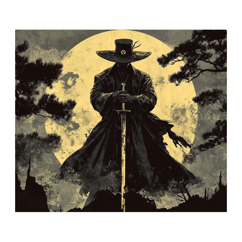 Ominous Samurai Silhouette Under Full Moon Tapestry