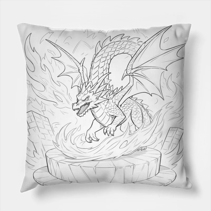 Mighty Dragon Ascending Amidst Flames Throw Pillow