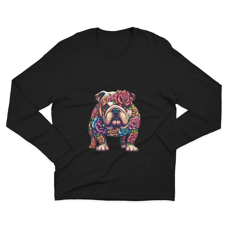 Bunter Bulldoggen-Kunstentwurf mit Rosen Herren Langarm T-Shirt