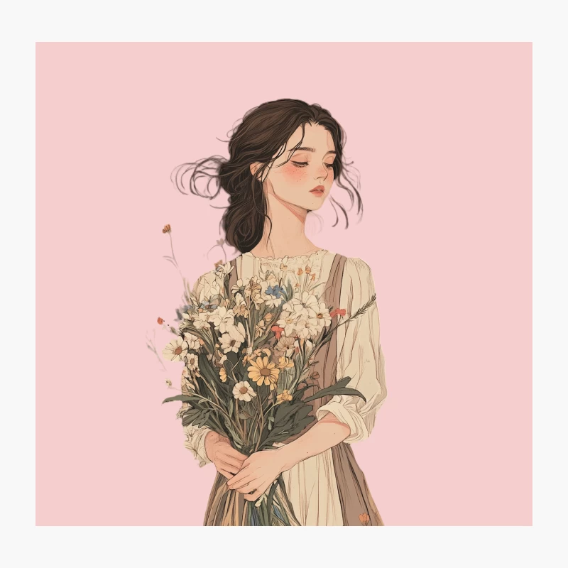 Dreamy Portrait of Woman Holding Floral Bouquet Throw Pillow