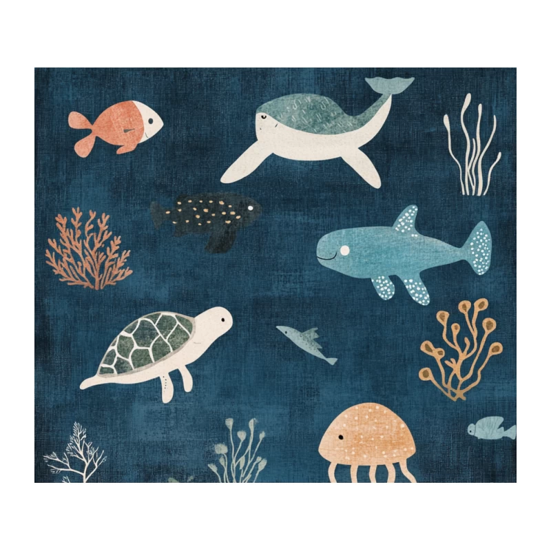 Whimsical Marine Life Illustration with Textured Deep Blue Background Tapestry