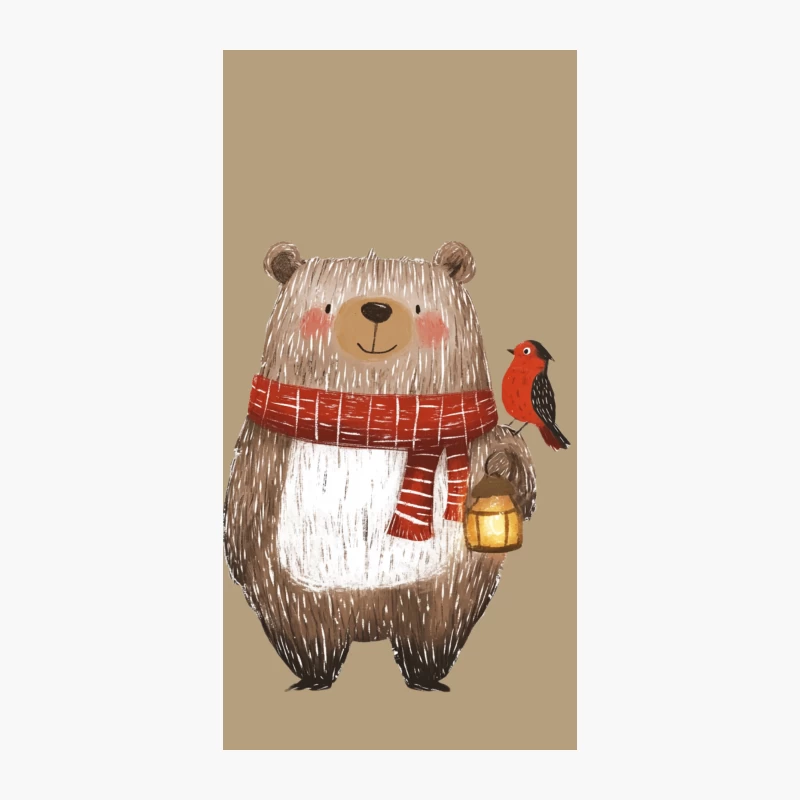 Cute Cartoon Bear with Lantern and Red Bird in Winter iPhone Case