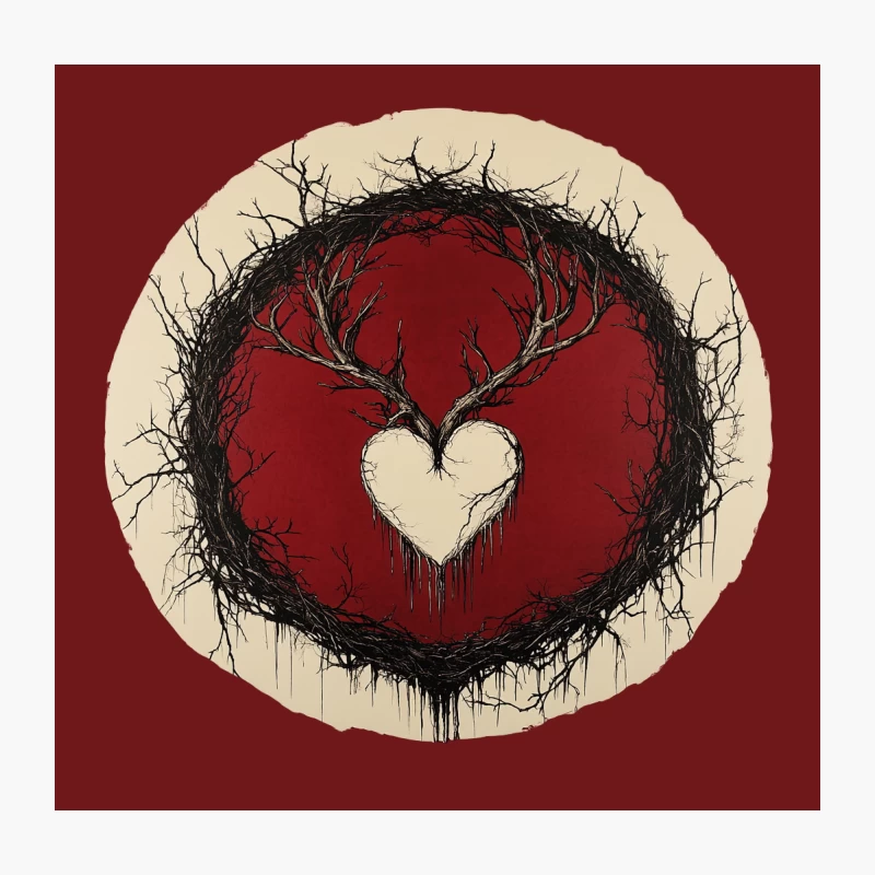 Gothic Heart with Antler Branches in Red Circle Throw Pillow