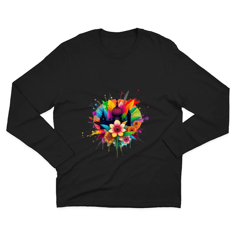 Vibrant Cathedral Silhouette with Rainbow Floral Splash Male Long Sleeve T-Shirt