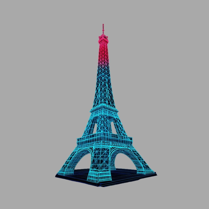 3D Wireframe Eiffel Tower with Blue and Pink Gradient Design Male Pullover Hoodie