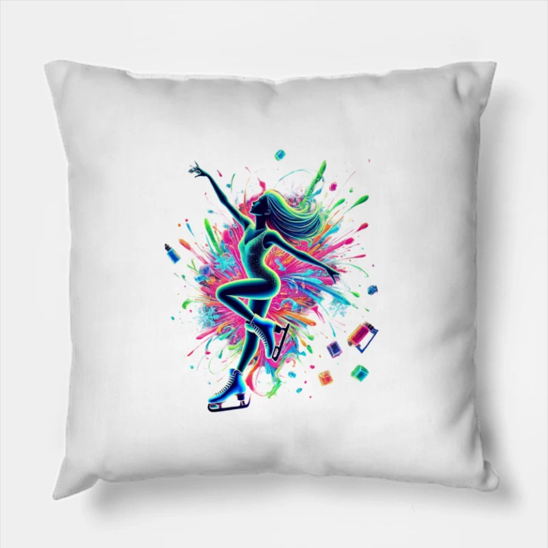 Vibrant Figure Skater in Neon Splash Motion Throw Pillow