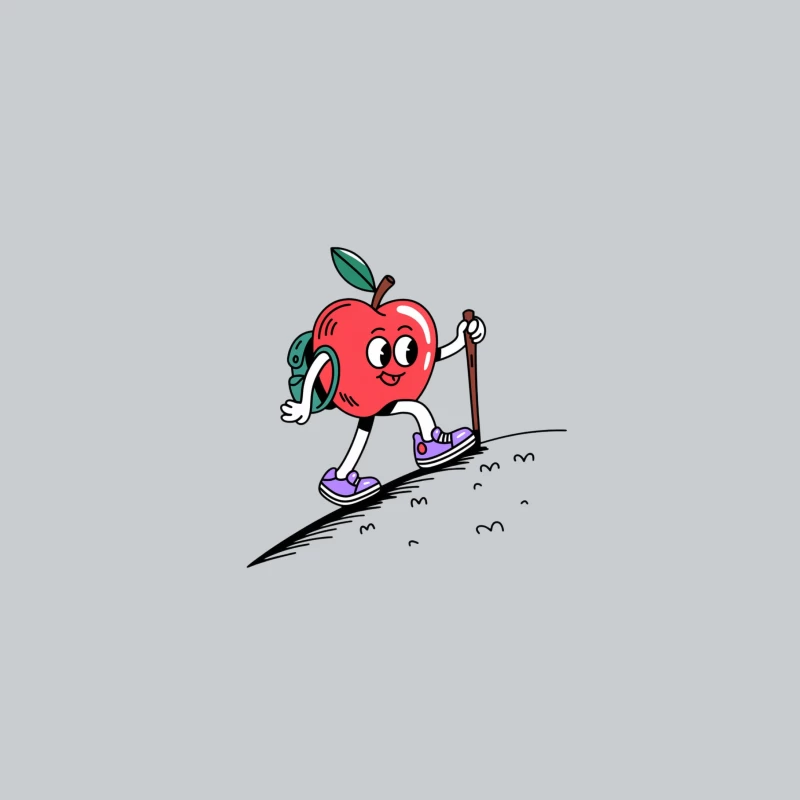 Cute Cartoon Apple Character Hiking with Backpack and Walking Stick Baseball Cap