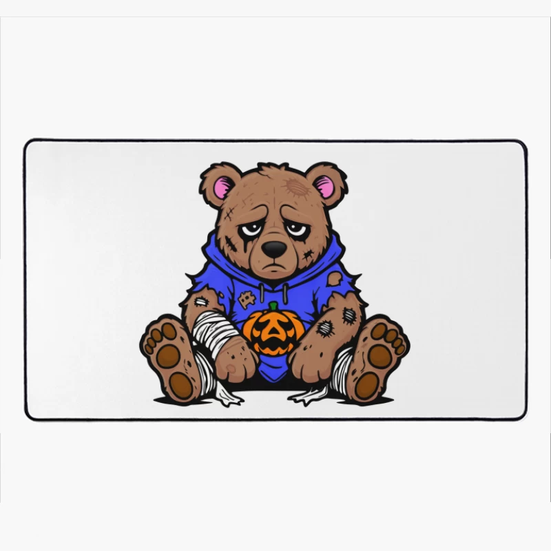 Sad Injured Teddy Bear in Blue Hoodie with Halloween Pumpkin Desk Mat