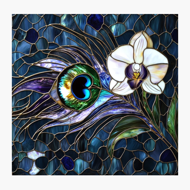 Elegant Peacock Feather and Orchid Stained Glass Mosaic Throw Pillow