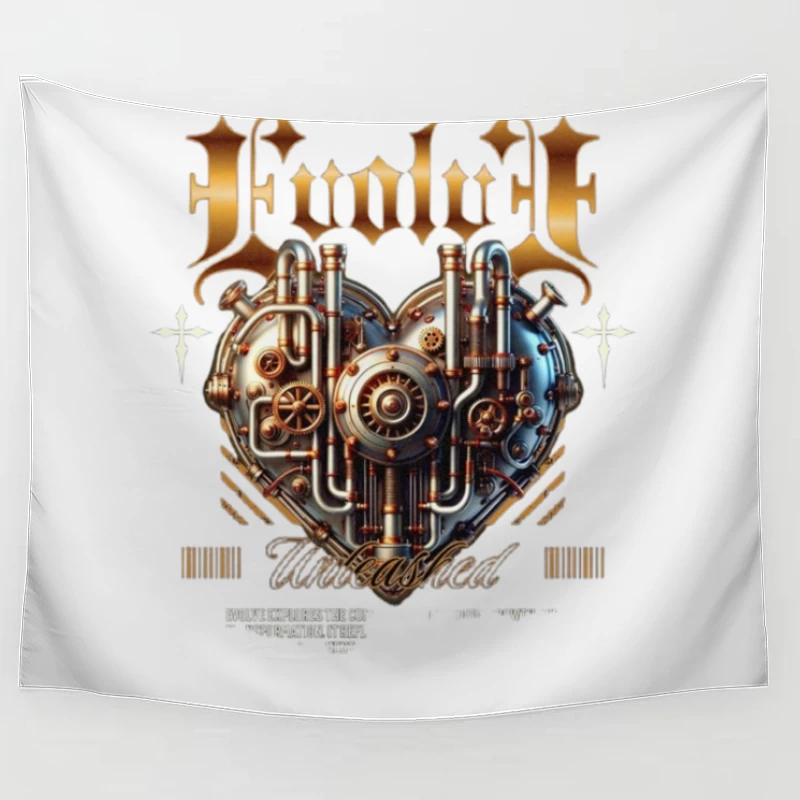 Steampunk Mechanical Heart with Gold Typography Design Tapestry