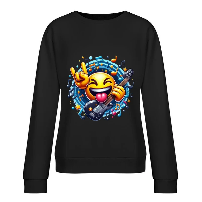 Rocking Smiley Emoji with Guitar and Music Notes Female Pullover Sweatshirt