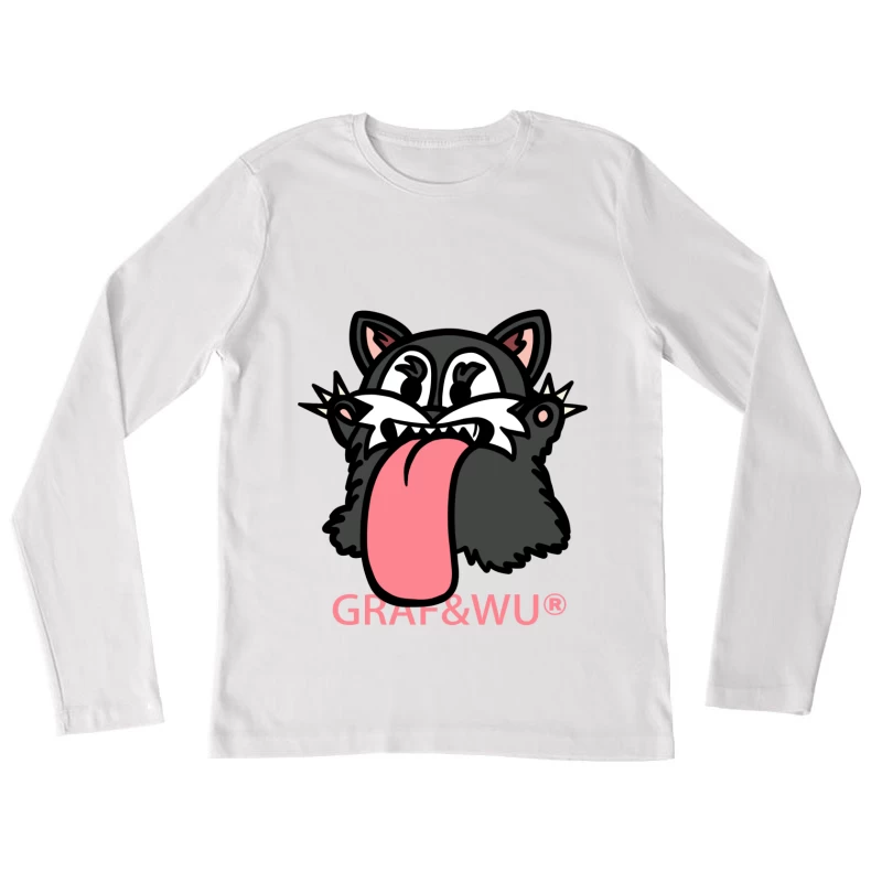 Grafisches Katzenlogo mit Zunge Damen Langarm T-Shirt