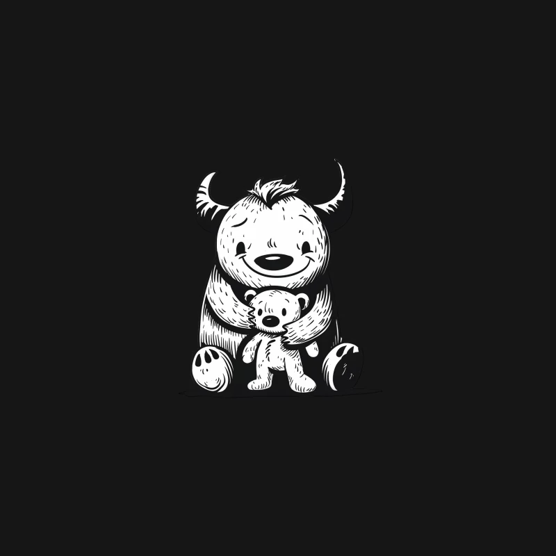 Adorable Horned Monster Hugging Teddy Bear in Black and White Illustration Desk Mat