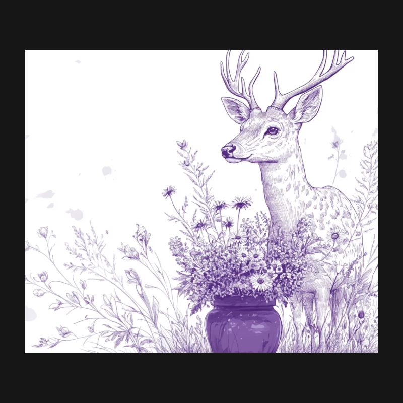 Purple Monochrome Deer with Floral Vase Illustration Mouse Pad