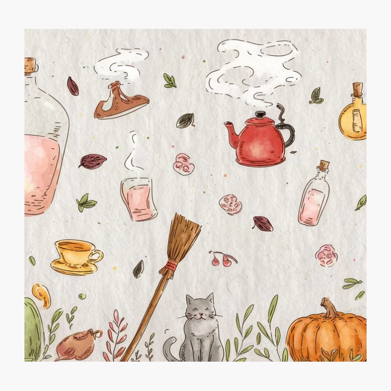 Cozy Autumn Witchcraft: A Magical Tea Illustration Throw Pillow