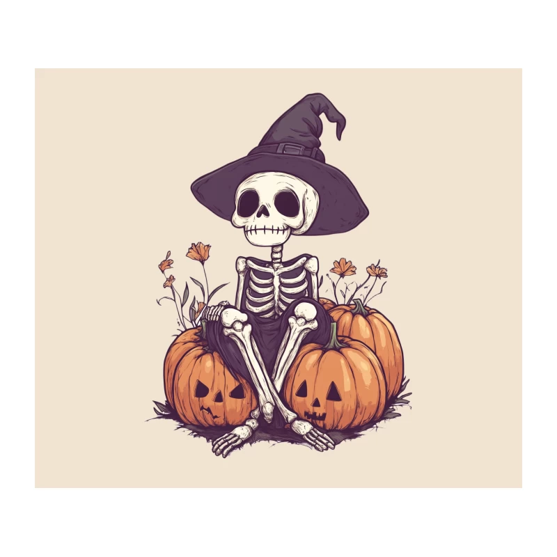 Whimsical Halloween Skeleton with Witch Hat and Pumpkins Tapestry
