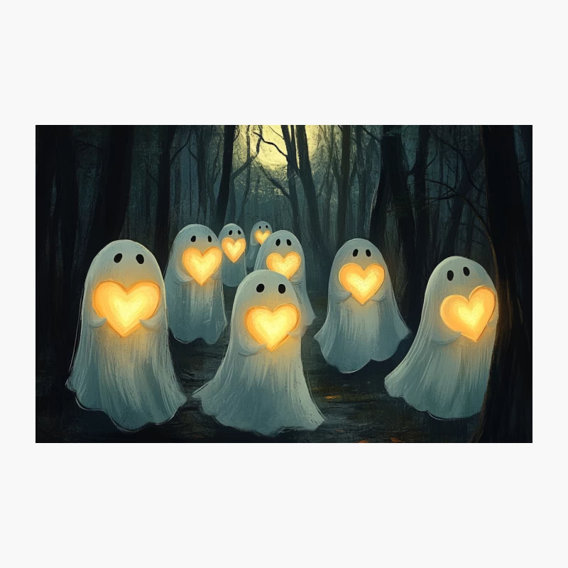 Friendly Ghosts with Glowing Hearts Haunt Spooky Forest Travel Mug