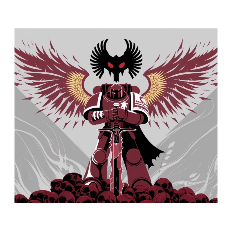 Menacing Winged Space Marine Atop Skull Pile in Gothic Sci-Fi Universe Tapestry