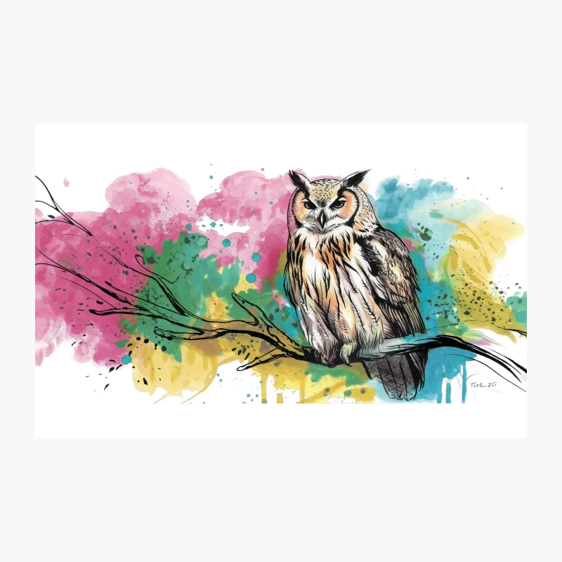 Vibrant Watercolor Owl Perched on Branch Travel Mug