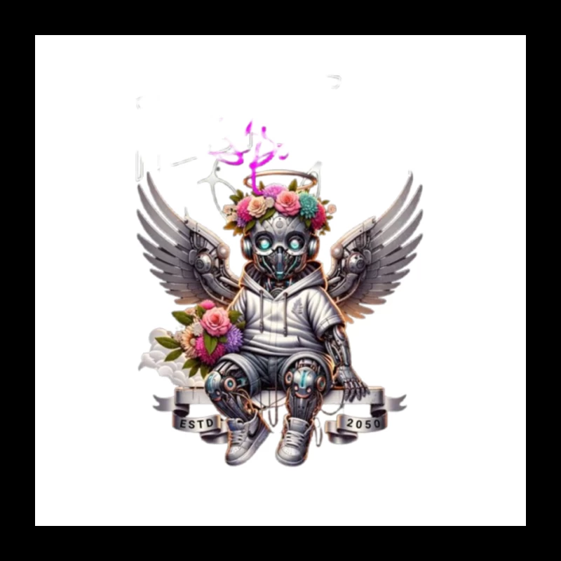 Angelic Steampunk Robot with Floral Crown and Wings Pin