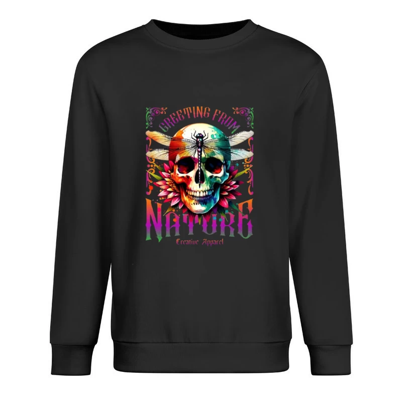 Rainbow Gothic Skull with Dragonfly and Floral Design - Nature Creative Apparel Male Pullover Sweatshirt