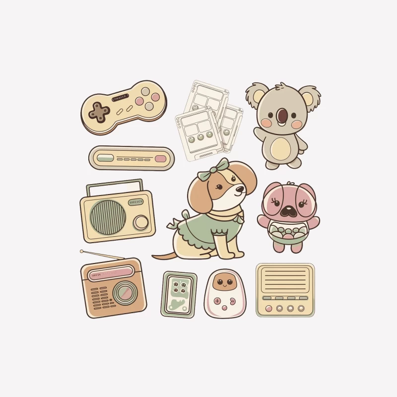 Cute Kawaii Cartoon Animals and Retro Electronics Illustrations Male T-Shirt