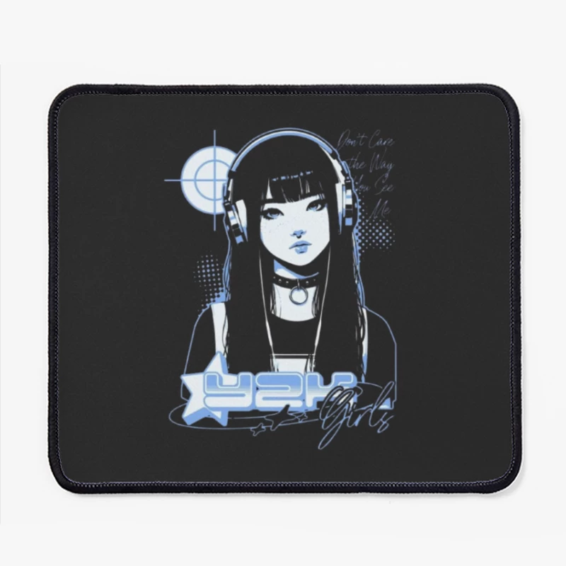 Blue Monochrome Gothic Anime Girl with Headphones Mouse Pad