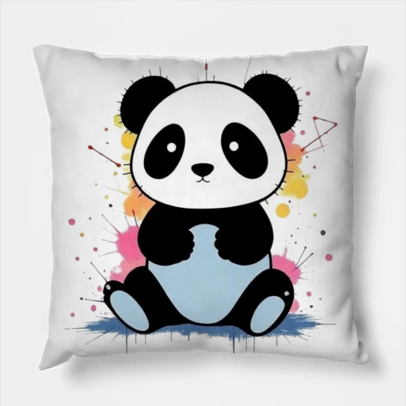 Adorable Cartoon Panda with Watercolor Splash Background Throw Pillow