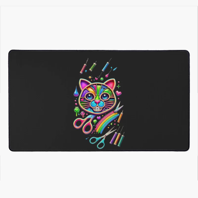 Rainbow Pop Art Cat with Creative Art Supplies Desk Mat