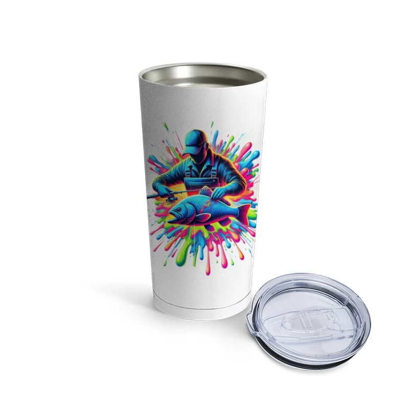 Neon Fishing Adventure Digital Art with Vibrant Color Splash Travel Mug