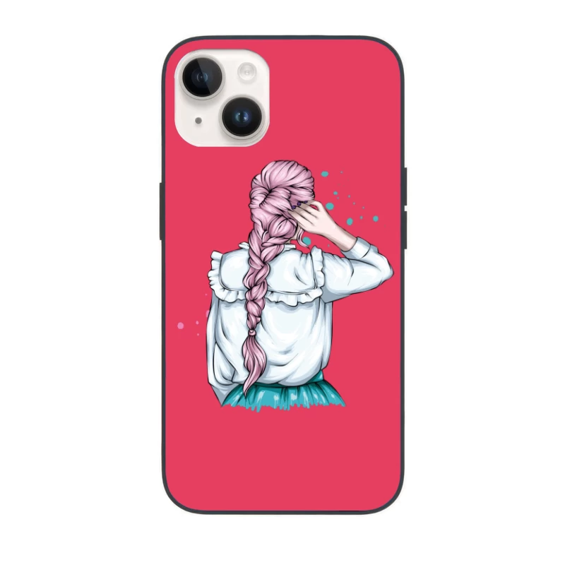 Whimsical Illustration of a Girl with Pink Hair in a Braid iPhone Case