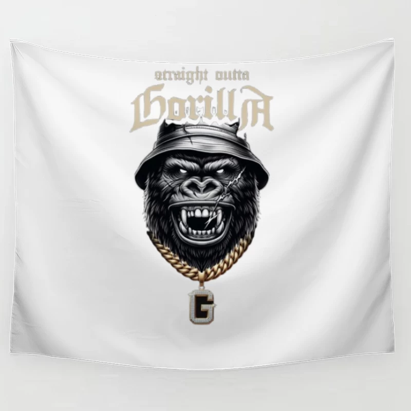 Aggressive Gorilla in Bucket Hat with Gold Chain Street Art Design Tapestry