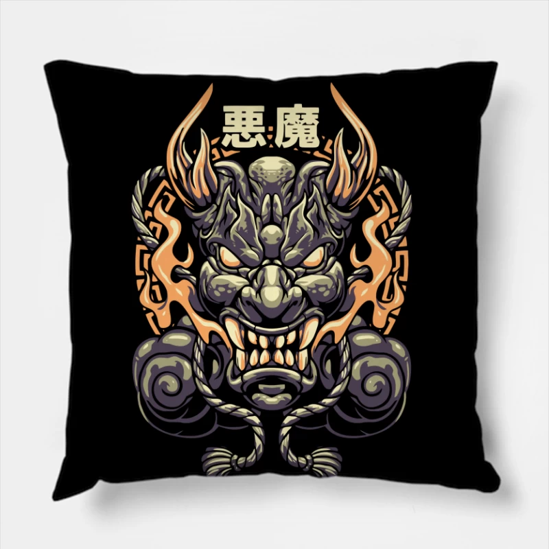 Epic Japanese Demon Mask Illustration Throw Pillow