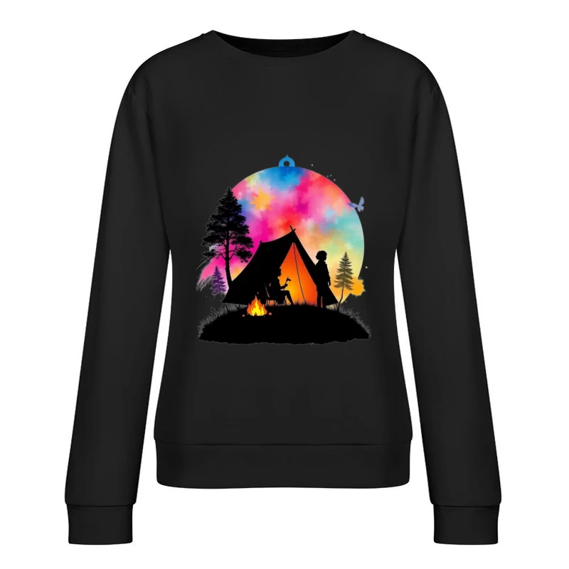 Magical Camping Night Under Colorful Aurora Sky Female Pullover Sweatshirt