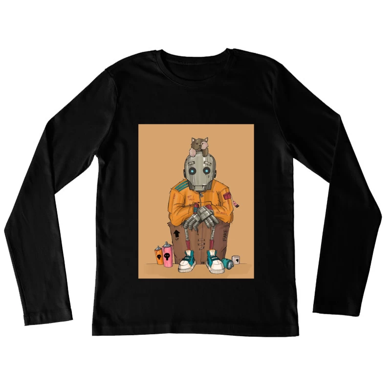 Urban Robot with Cat in Street Art Style Female Long Sleeve T-Shirt