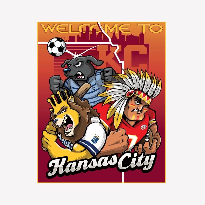 Kansas City Sports Mascots with City Skyline Illustration Male T-Shirt