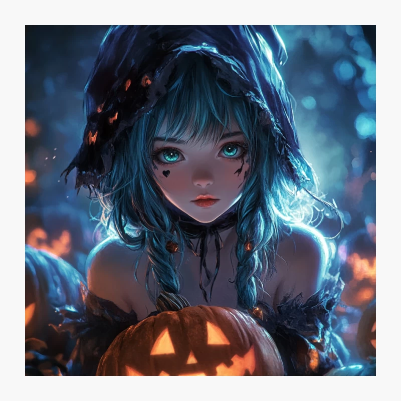 Mysterious Blue-Haired Anime Girl in Magical Halloween Fantasy Pin