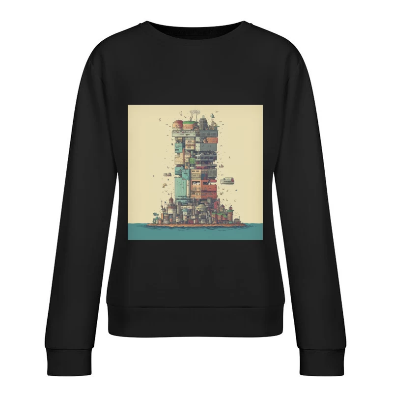 Retro-Futuristic Vertical City Island Female Pullover Sweatshirt