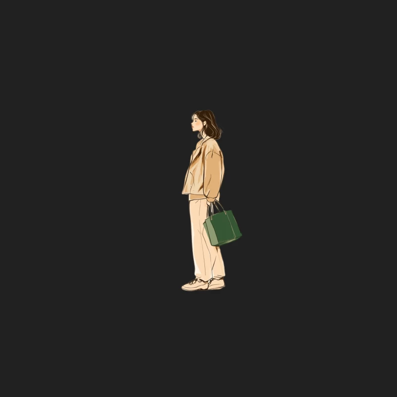 Stylish Woman in Beige with Green Handbag: Minimalist Fashion Illustration Bucket Hat