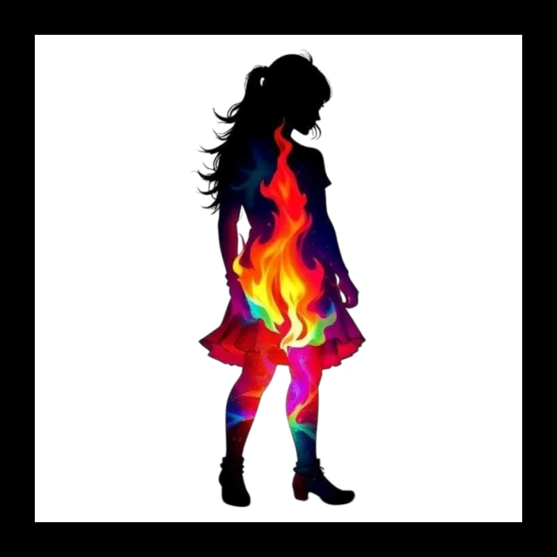 Vibrant Rainbow Fire Silhouette of Woman in Dress Pin