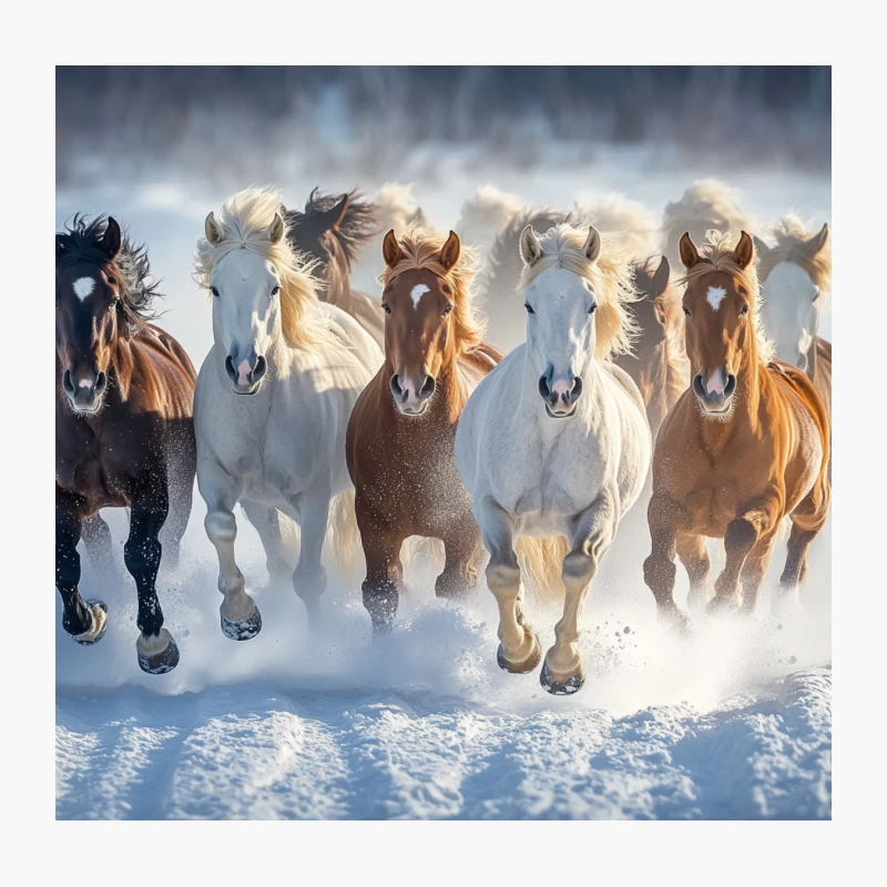 Majestic Herd of Horses Running Through Snow in Winter Throw Pillow