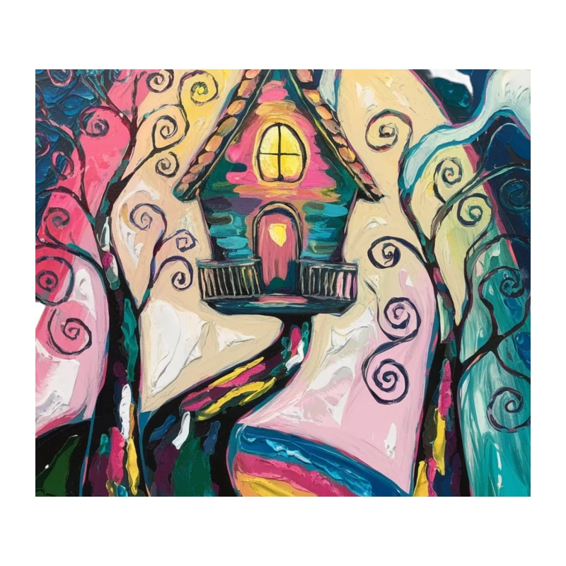 Whimsical Fairy Tale House in a Vibrant Swirling Landscape Tapestry