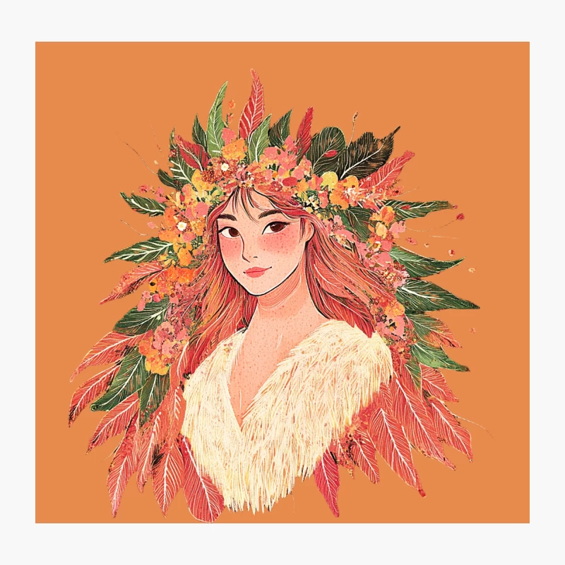 Autumnal Portrait with Vibrant Floral Crown Throw Pillow