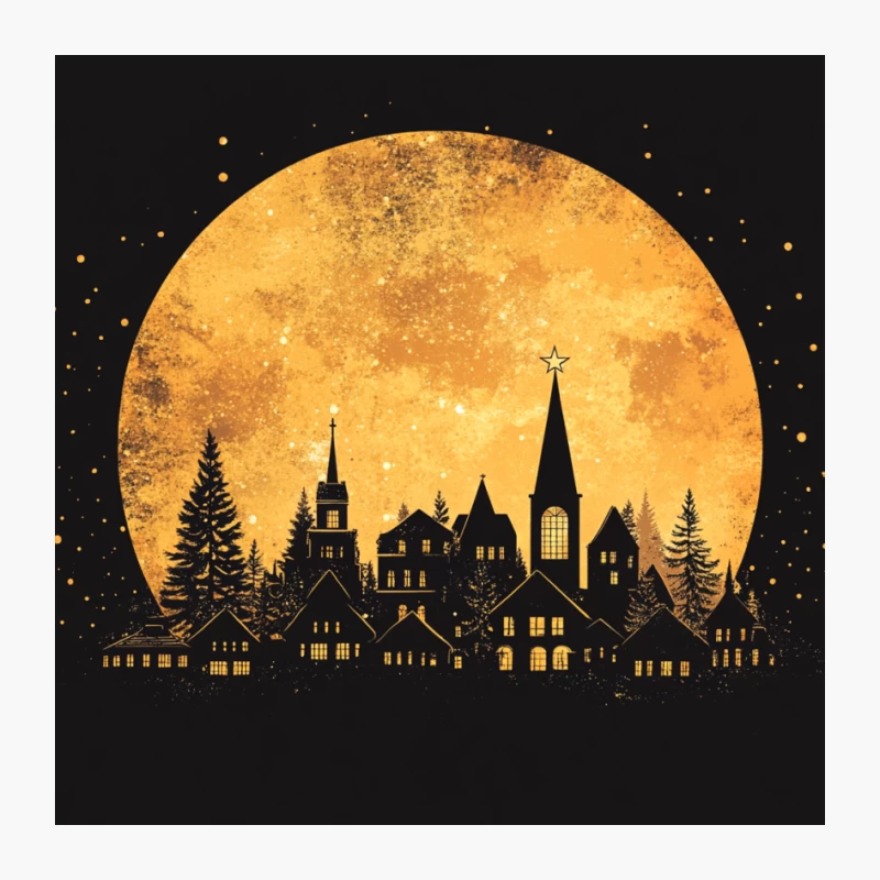 Gothic Night Cityscape with Full Moon and Church Silhouettes Pin