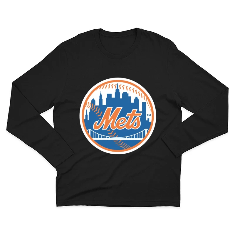 New York Mets MLB Baseball Team Logo with City Skyline Male Long Sleeve T-Shirt